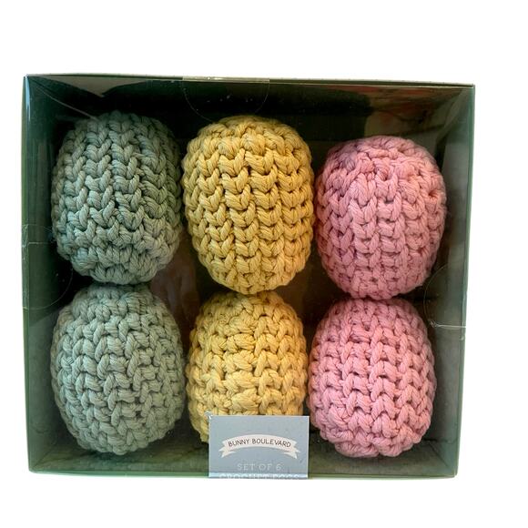 BUNNY BOULEVARD 6pk Crochet Eggs Pink Green Yellow Easter Decor Yarn Wrapped New - Picture 1 of 7